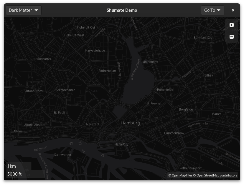 Dark mode map of Hamburg, Germany