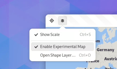 A screenshot of the layers popover in GNOME Maps, with 'Enable Experimental Map' checked.