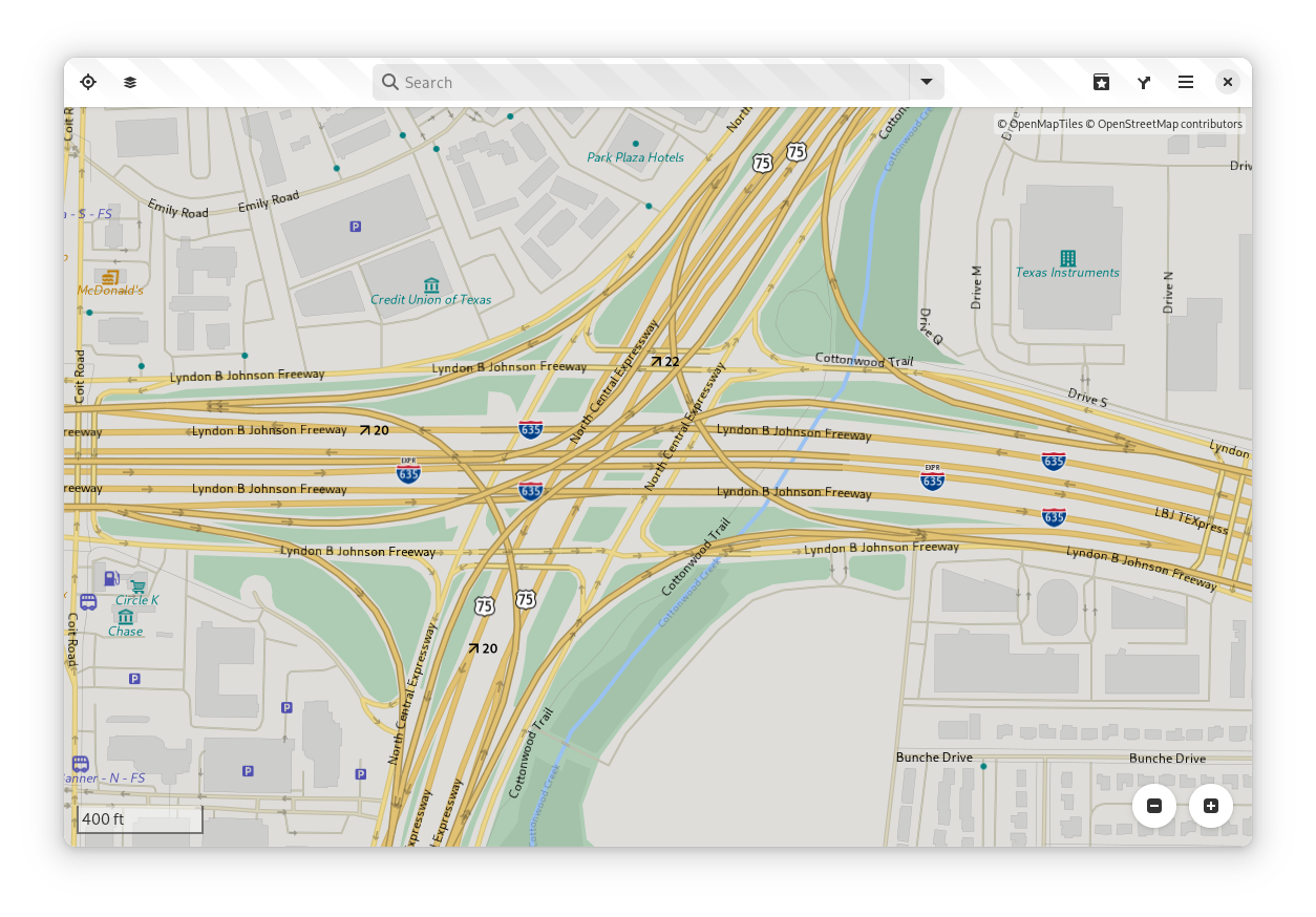 A map of the High Five Interchange in Dallas, Texas, in the new map style.