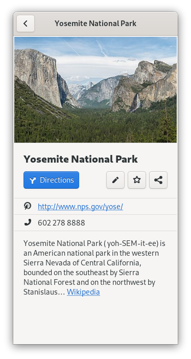 A portrait-size dialog showing details for Yosemite National Park