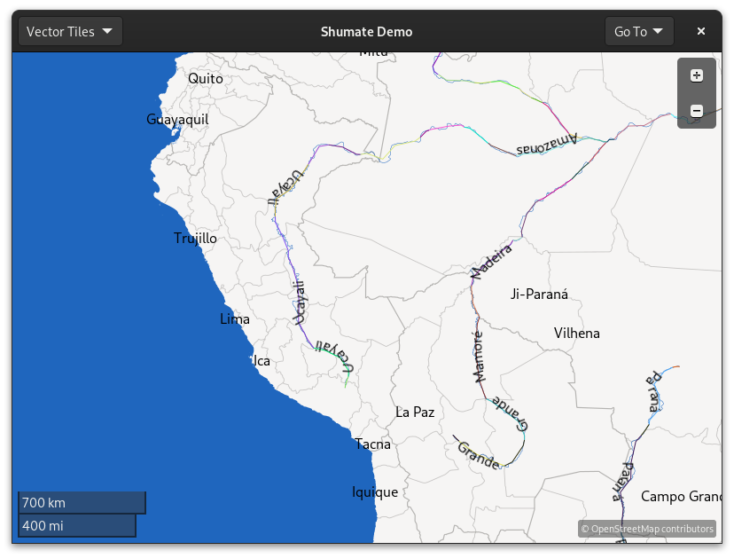 The same map of South America, with multi-colored lines drawn along the rivers